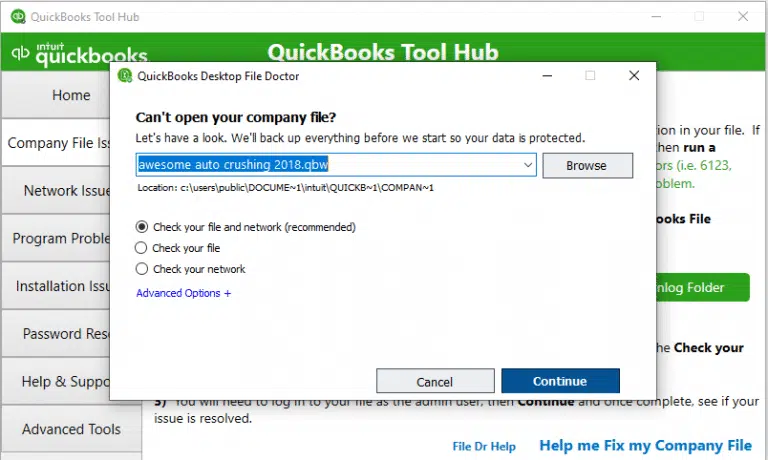 QuickBooks File Doctor Hit Continue